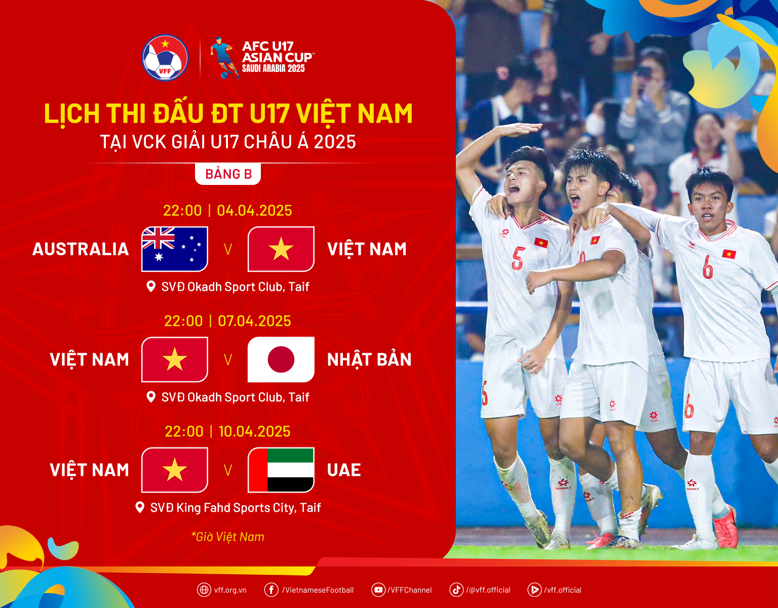 Lịch thi đấu của đội tuyển U17 Việt Nam tại Vòng chung kết giải vô địch U17 châu Á 2025