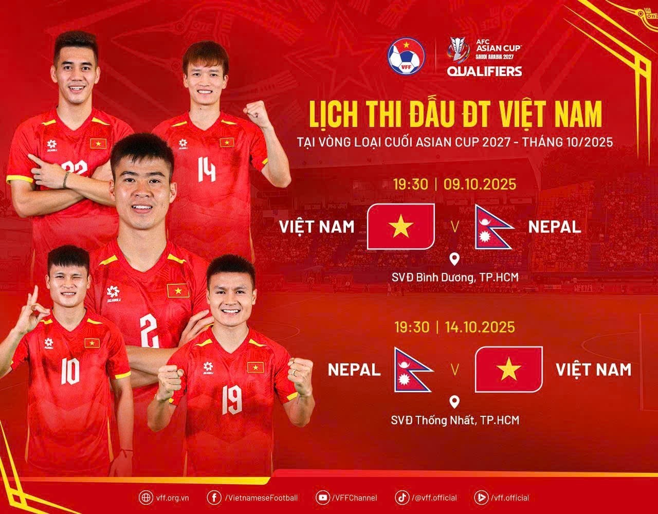 Lịch thi đấu hai trận lượt đi và về của đội tuyển Việt Nam gặp đội tuyển Nepal
