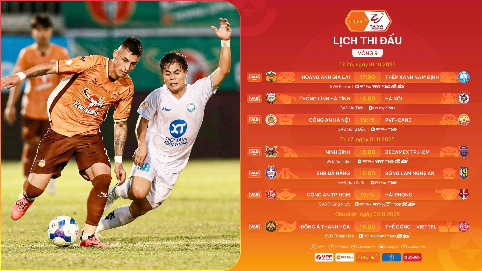 Lịch thi đấu Vòng 9 giải vô địch quốc gia LPBank V.League 1 2025/26