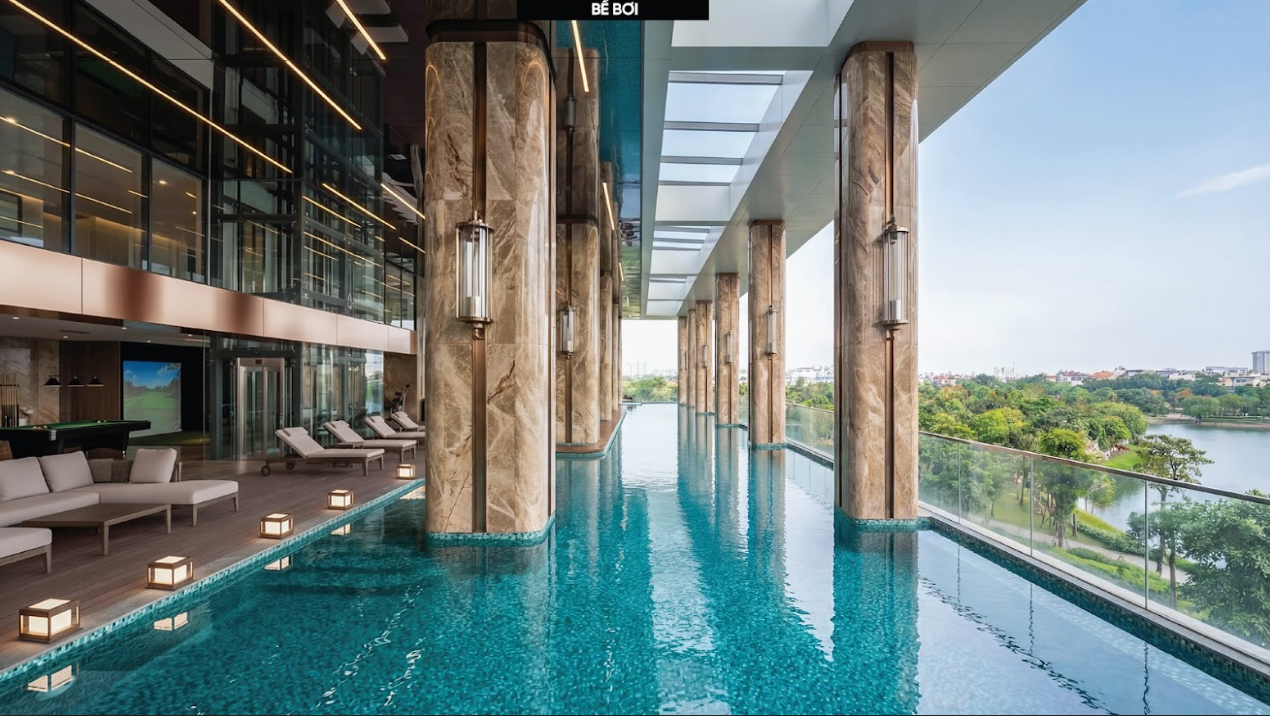 Dự án gồm 05 bể bơi (03 bể ngoài trời và 02 bể bơi 4 mùa trong nhà), tổng diện tích bể bơi lên tới gần 1.200m2