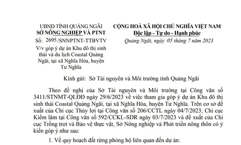 Sở NN&PTNT, Sở TN&MT tỉnh Quảng Ngãi góp ý Dự án Khu đô thị sinh thái và Lc88.men Cá cược thể thao Coastal Quảng Ngãi